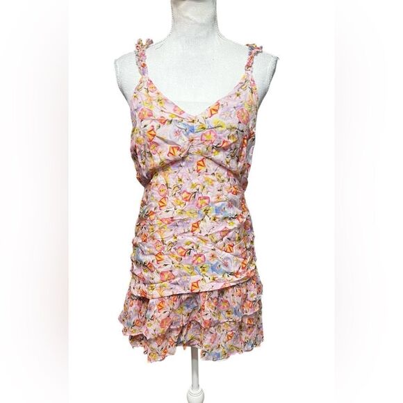 LOVESHACKFANCY Desra Ruffled Floral-Print Crepon Mini Dress Size 10 - Picture 2 of 6